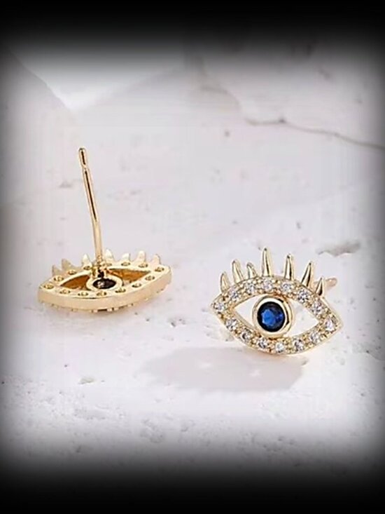 Boutique Jewelry - Gold Boho Evil Eye Protection Stud Earrings Blue Clear CZ | Eyelash | Talisman